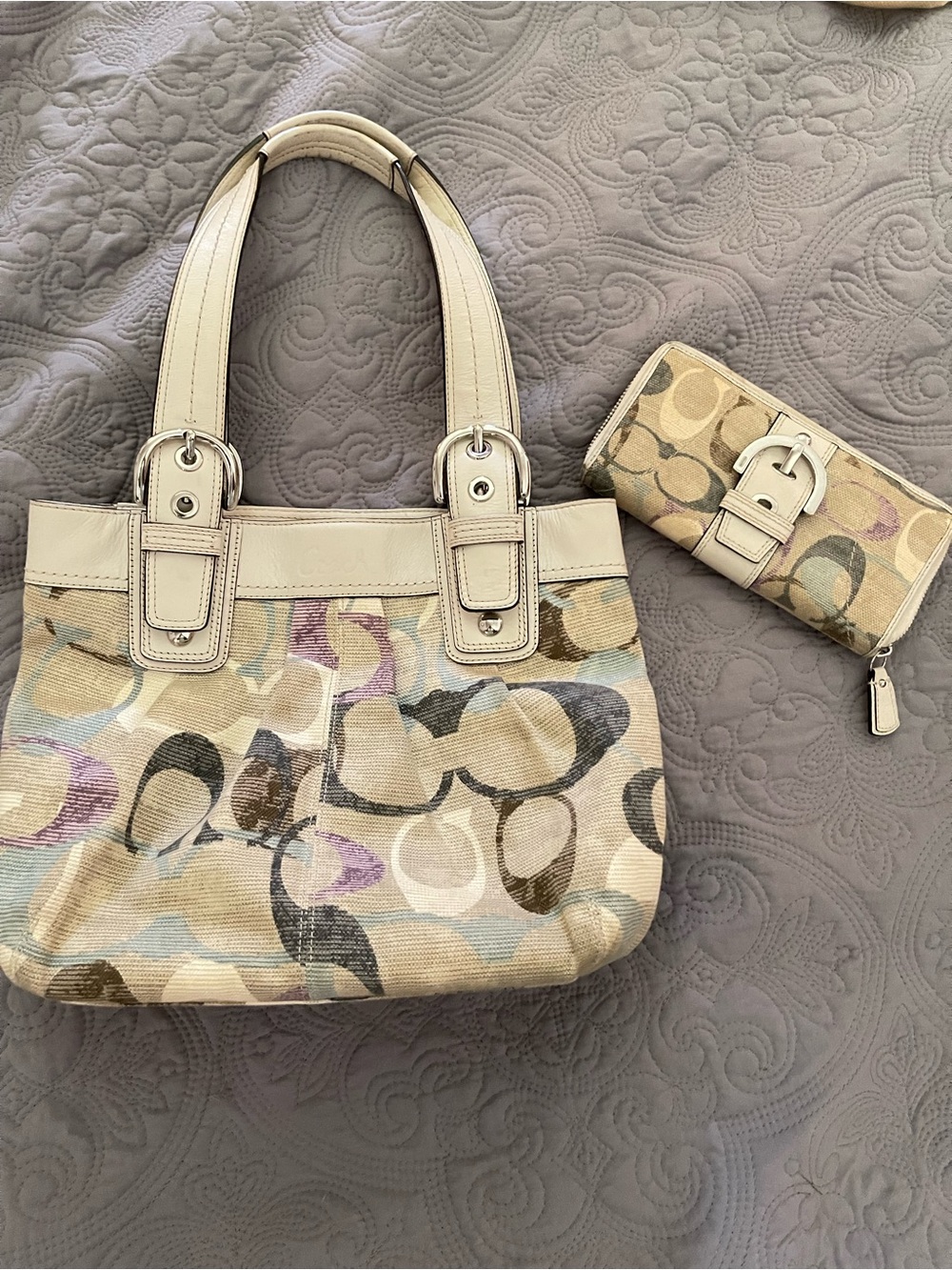 Coach Neutral Signature Canvas Tote with Cream Leather Trim with matching wallet